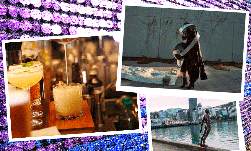 Clockwise: Cocktails at Kui Kui, Lara Kramer’s Them Voices, Max Patte’s Solace in the Wind, on a backdrop of a Reuben Paterson artwork. (Image Design: Tina Tiller)