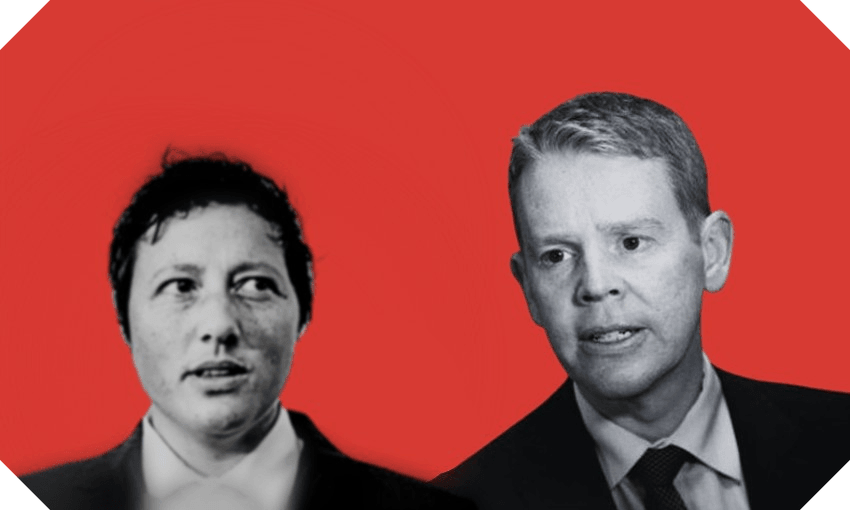 a red background with a black and white cutout of Kiri Allan next to a black and white shoulders up cutout of chris hipkins