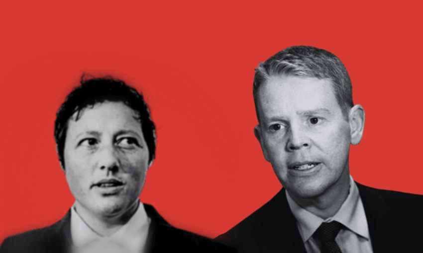 a red background with a black and white cutout of Kiri Allan next to a black and white shoulders up cutout of chris hipkins