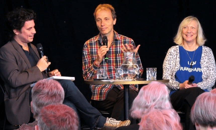 Nicky Hager and Mandy Hager with Toby Manhire in Tauranga. Photo: Sandra Simpson 
