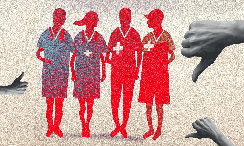 four red figures in healthcare uniforms against a beige background, with two thumbs down on the right and one thumbs up on the left