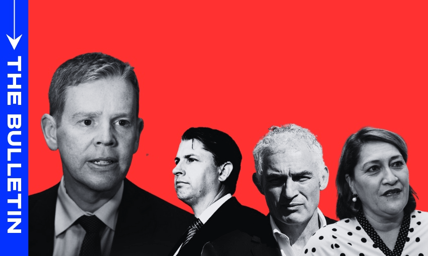 Prime minister Chris Hipkins has lost three ministers in five months including Michael Wood, Stuart Nash and Meka Whatiri (Image design: Anna Rawhiti-Connell)