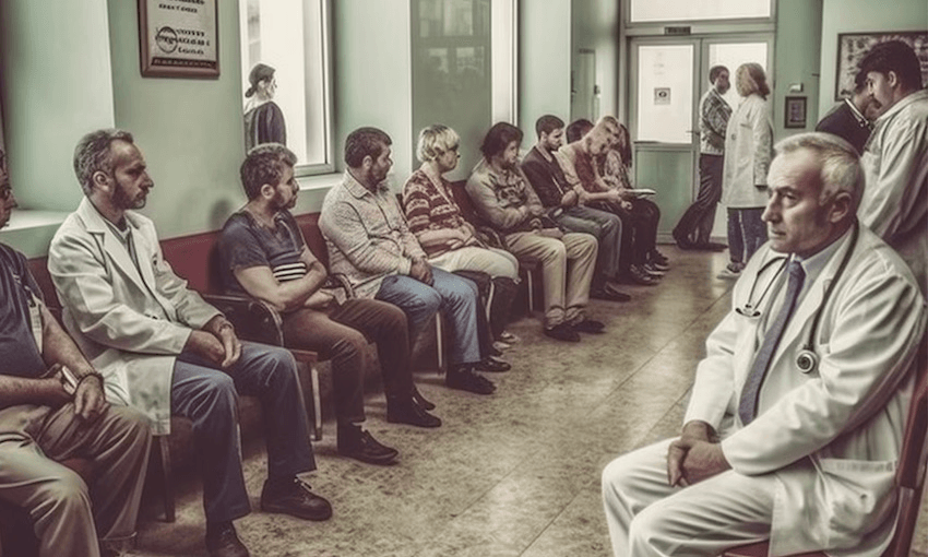 One of National’s rejected AI ad images: ‘Packed clinic waiting room full of sick people, doctor looking stressed because there are so many people waiting’ (Image: Midjourney) 
