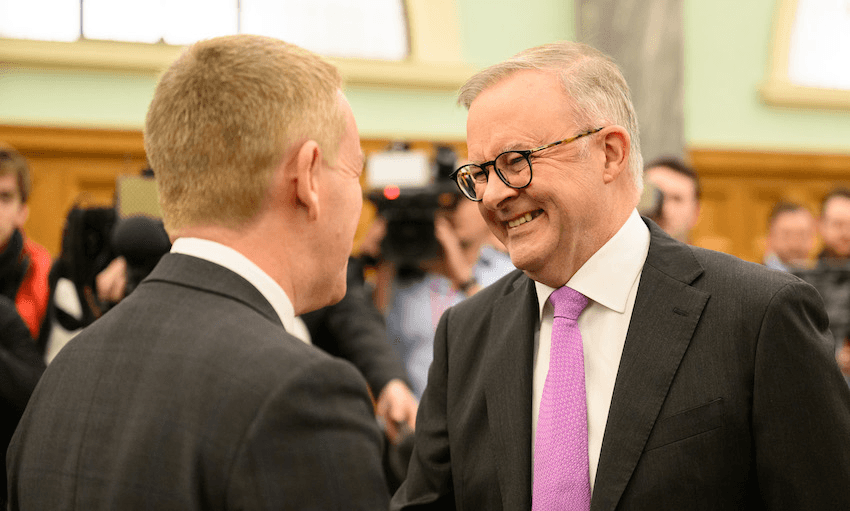 Chris Hipkins greets Anthony Albanese from parliament (Image: Supplied) 
