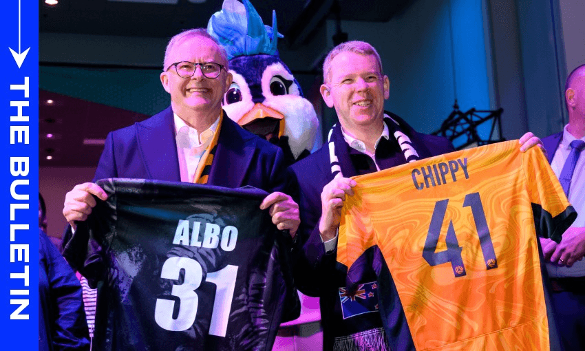 New Zealand prime minister Chris Hipkins and Australian prime minister Anthony Albanese get shirts (Image: supplied) 

