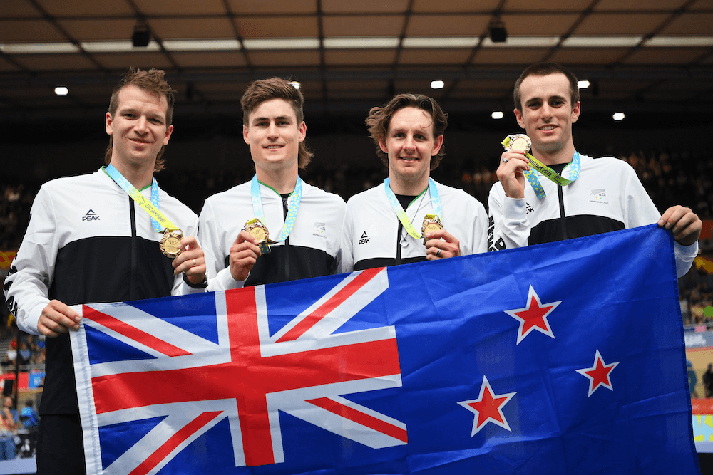 New Zealand’s Commonwealth Games winning men’s 4000m team pursuit cycling team from Birmingham 2022.(Photo by Justin Setterfield/Getty Images) 
