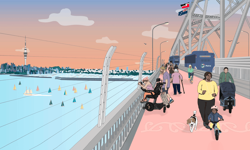 An artists render of a liberated Auckland Harbour Bridge with its new cycling and walking pathway.