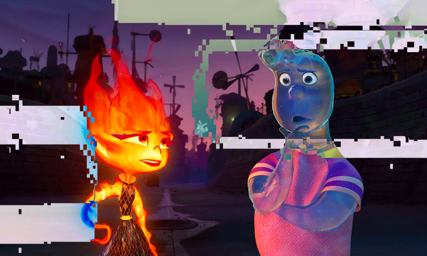 Ember and Wade, two characters in love in the Pixar movie Elemental.