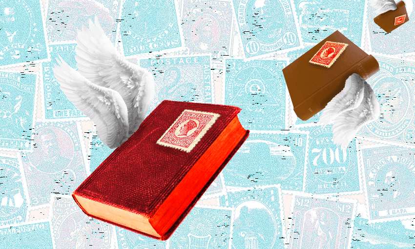 books with stamps on them and wings against a light blue stamp background