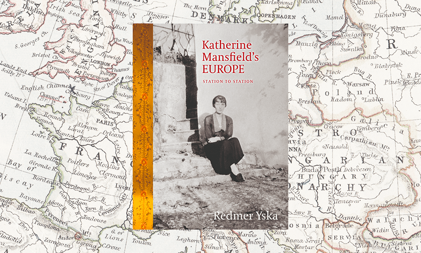 the cover of Katherine Mansfield's Europe, on a backdrop on an old European map
