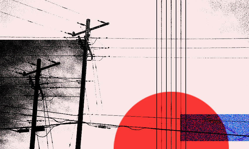 a neutral toned background with powerpoles, grey sky, and some red and blue abstract shapes, looks quite sad