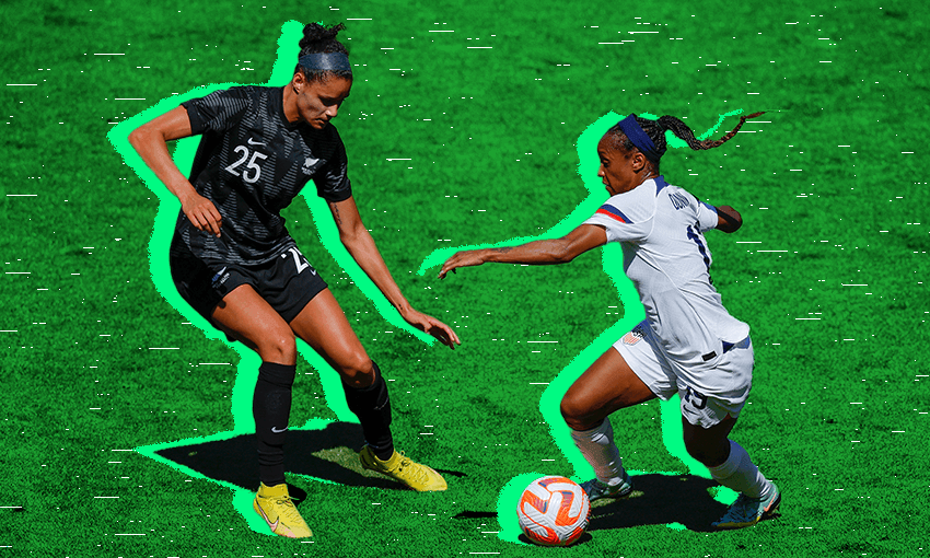 Football Ferns striker Grace Jale and US midfielder Crystal Dunn during a friendly in Wellington in January (Photo: Hagen Hopkins/Getty Images; Design: Archi Banal)
