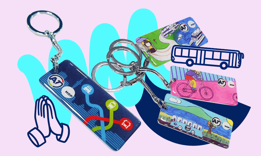 a selection of AT hop key tags on a squiggly pink and blue background