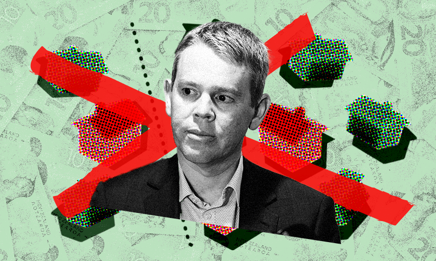 a background of cash with monopoly houses scattered on top, overlaid with a big red cross and a black and white image of Chris Hipkins
