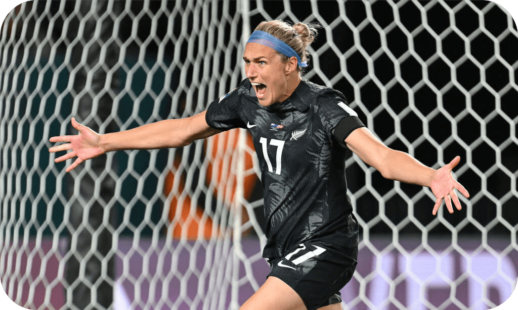 Hannah Wilkinson celebrates the first goal of the Fifa Women’s World Cup. Photo by Hannah Peters – FIFA/FIFA via Getty Images 
