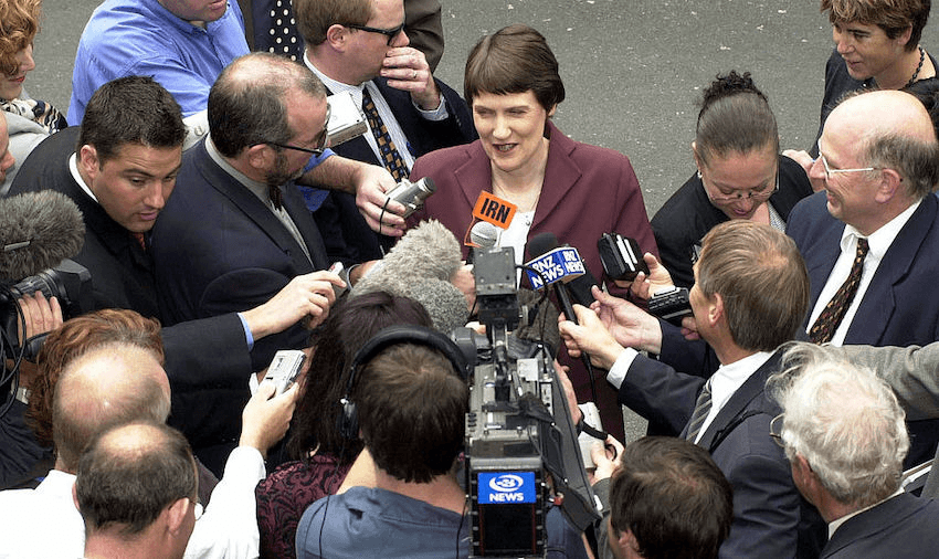 Former PM Helen Clark faces media over Ruth Dyson drink driving affair in October 2000. (Photo by Robert Patterson/Getty Images) 
