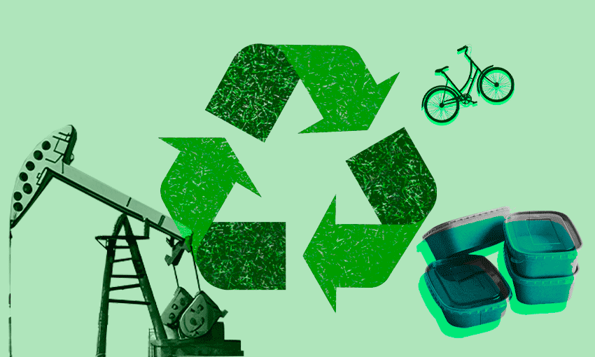 A 'chasing arrows' recycling symbol against a green background with a bike, takeaway containers and an oil pumpjack