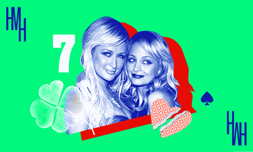 Paris Hilton and Nicole Ritchie on a lime green backdrop