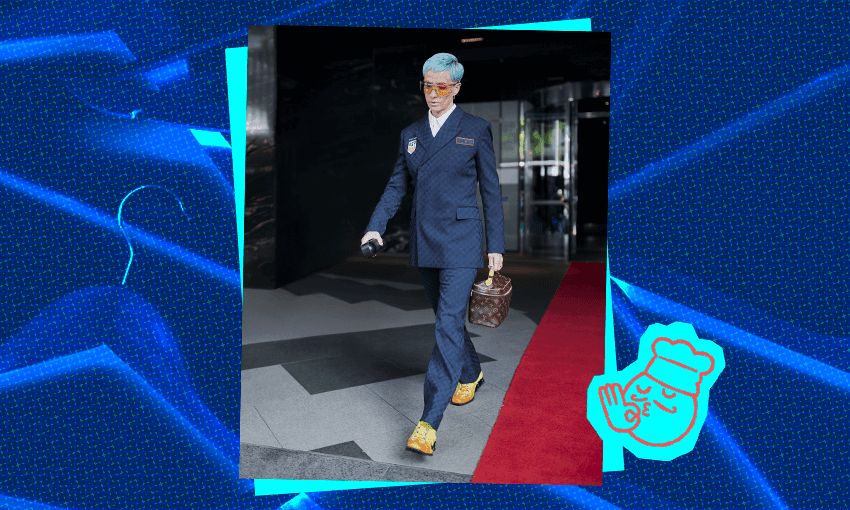 Megan Rapinoe leaves the US women’s football team’s hotel in the Nike x Martine Rose suit. (Image: Supplied / Design: Tina Tiller) 
