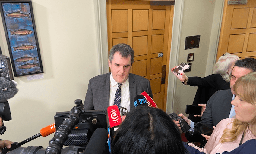 Chris Bishop speaks to media from parliament (Image: Stewart Sowman-Lund) 
