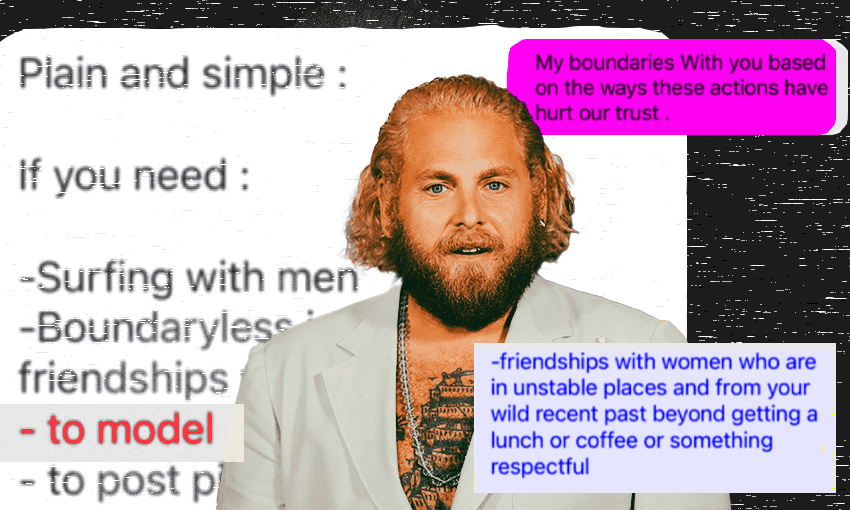 Jonah Hill and some of the messages he allegedly sent his girlfriend (Photo: Getty Images; design by Tina Tiller) 
