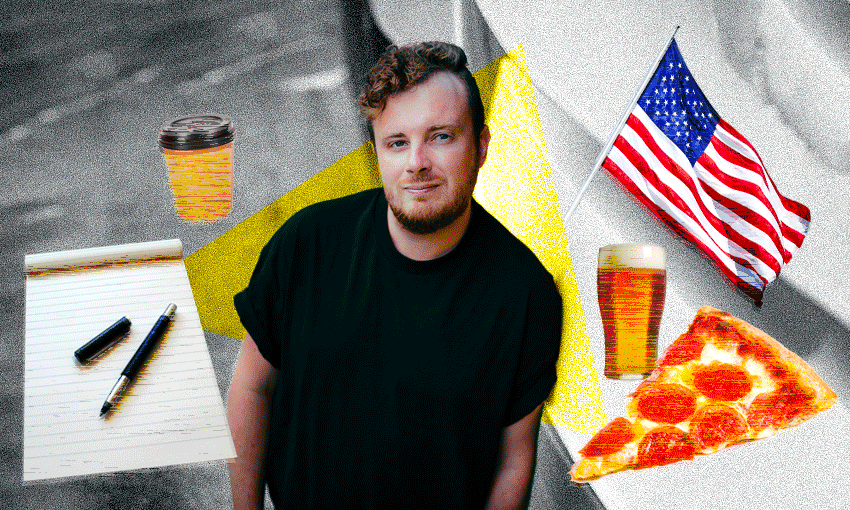 Poet Jordan Hamel surrounded by American things – a slice of pizza, a beer, a US flag – and a writing pad and pen