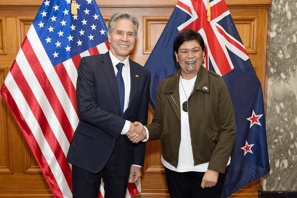 Antony Blinken and Nanaia Mahuta meet in Wellington. Photo: Marty Melville/Pool 
