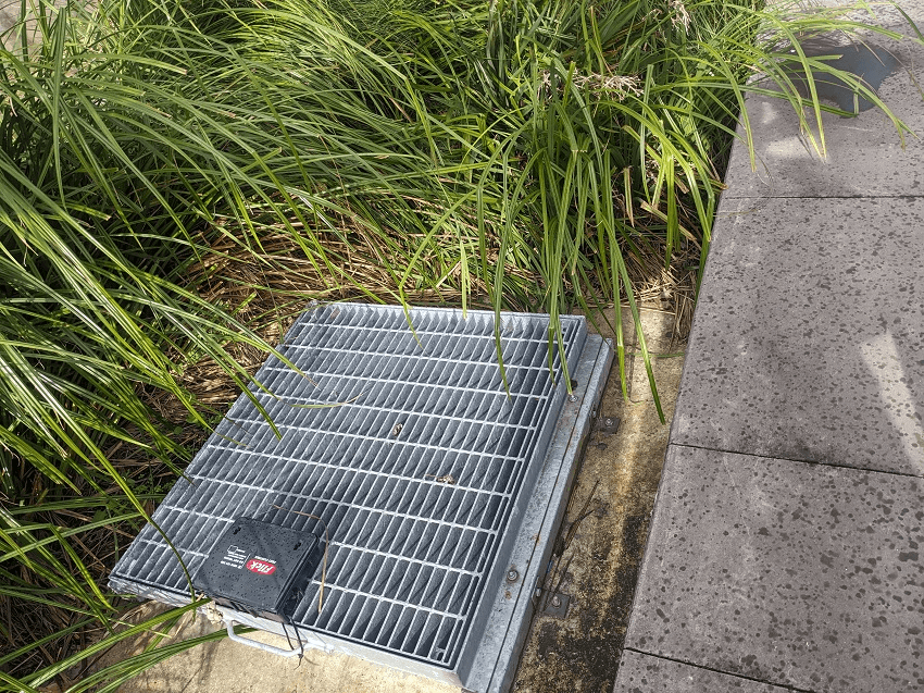 a drain next to a footpath surrounded by greenery
