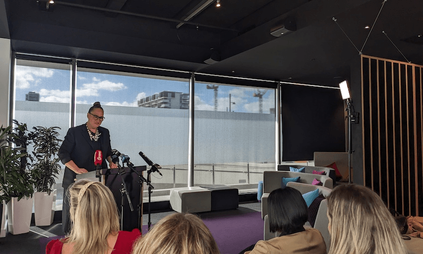 Carmel Sepuloni speaks to media in Auckland today