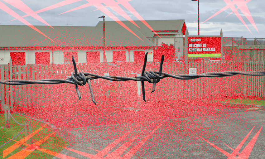 A photo of Korowai Manaaki from Google Street View, with a red filter over the top and a string of barbed wire across the image