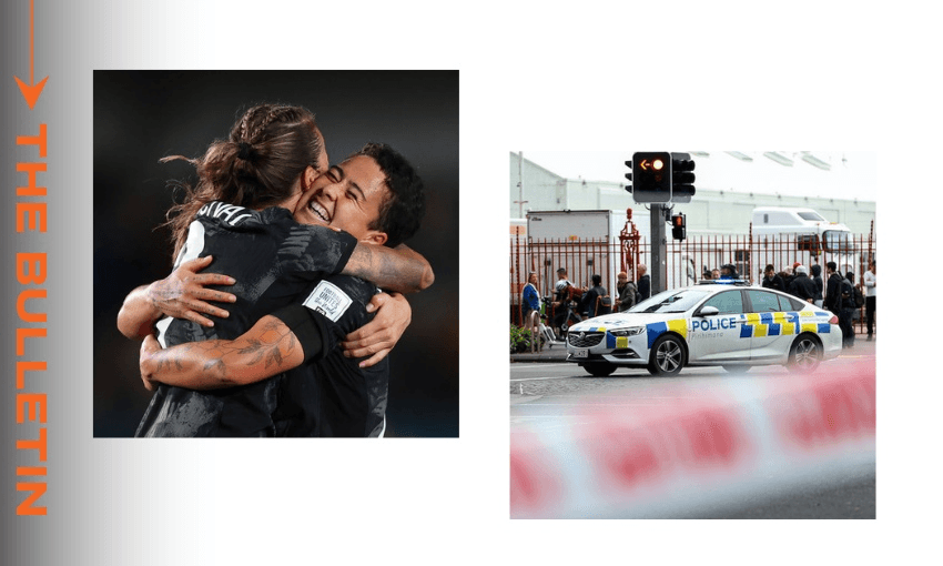 Football Ferns Ria Percival and Malia Steinmetz celebrate after the team’s 1-0 victory last night / Police cordons near the site of the shooting in Auckland (Photos by Buda Mendes / Getty Images)