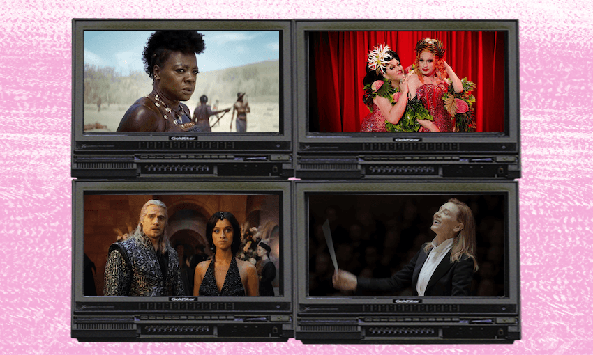 Clockwise: Viola Davis in The Woman King, Ben Delacreme and Jinkx Monsoon in Drag Me to Dinner, Henry Cavill and Anya Chalotra in The Witcher and Cate Blanchett in Tar. 
