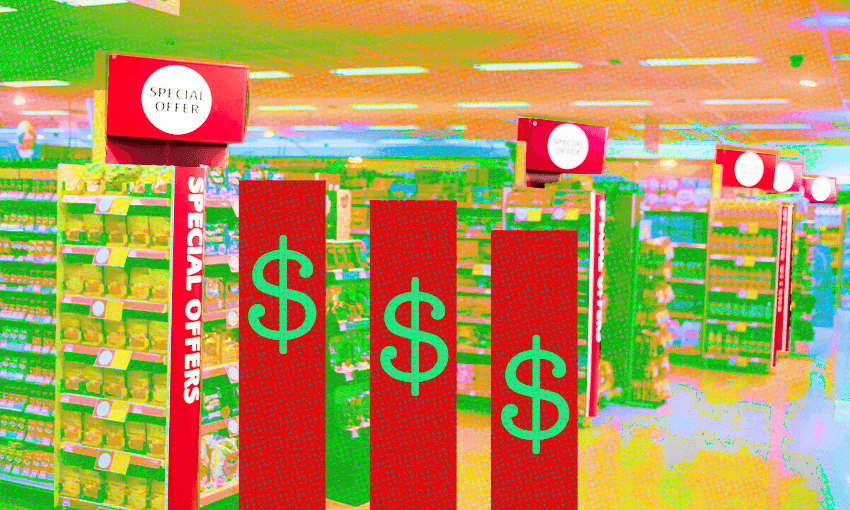 A row of supermarket aisles with 'special offer' signs at the end of each, pixellated with a bright colour filter overlaid, plus three red bars with dollar signs overlaid