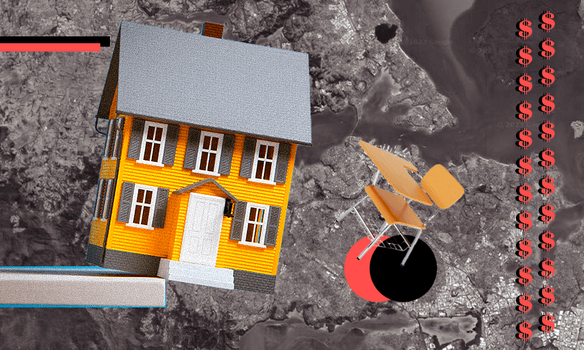 A house, a desk and dollar signs against a map of Auckland