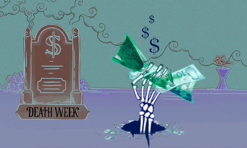 A tombstone with dollar signs on it