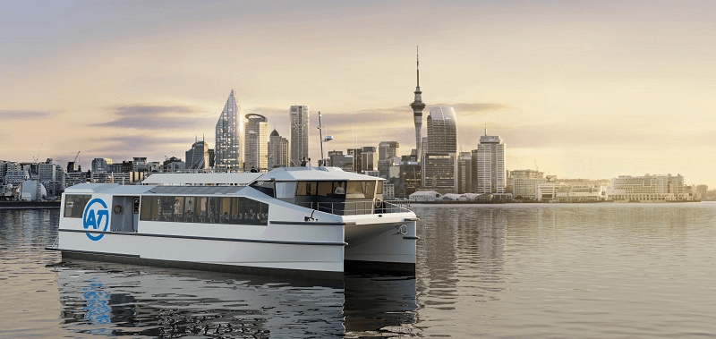 a render of an electric ferry making it look sleek and menacing but also quite cool and futuristic, doublehulled, a dawn sky with the skytower in the background
