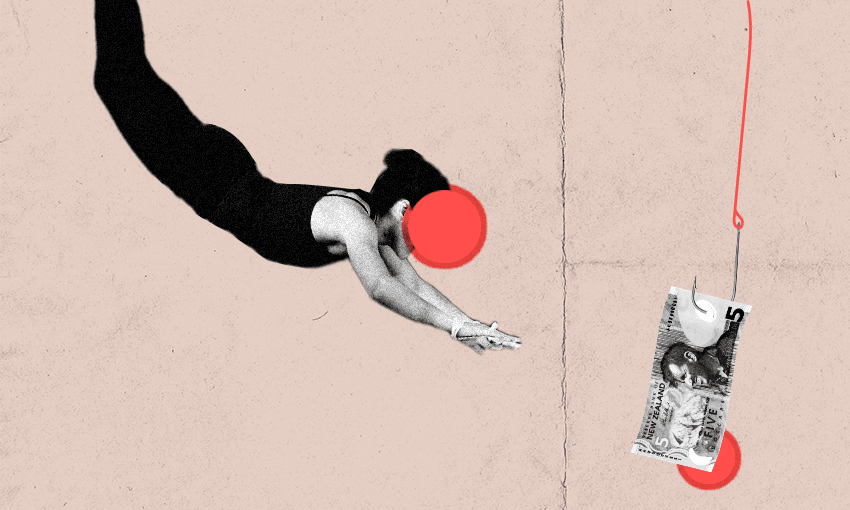 a person swpinging on a trapeze twards some money on a fishing hook