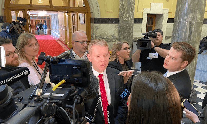 Chris Hipkins answers questions from the media (Photo: Stewart Sowman-Lund) 
