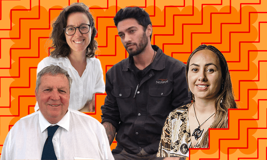 L-R: Kaipara mayor Craig Jepson, resident Caren Davis, Aotearoa Liberation League’s Pere Huriwai-Seger, councillor Ihapera Paniora. (Design: Tina Tiller)  
