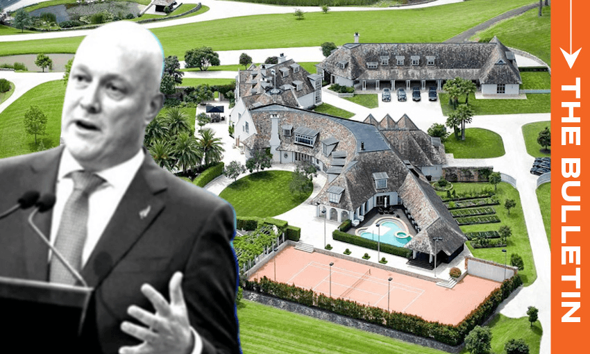 National leader Christopher Luxon and the infamous Crisco/Dotcom mansion (Photos: Getty Images) 
