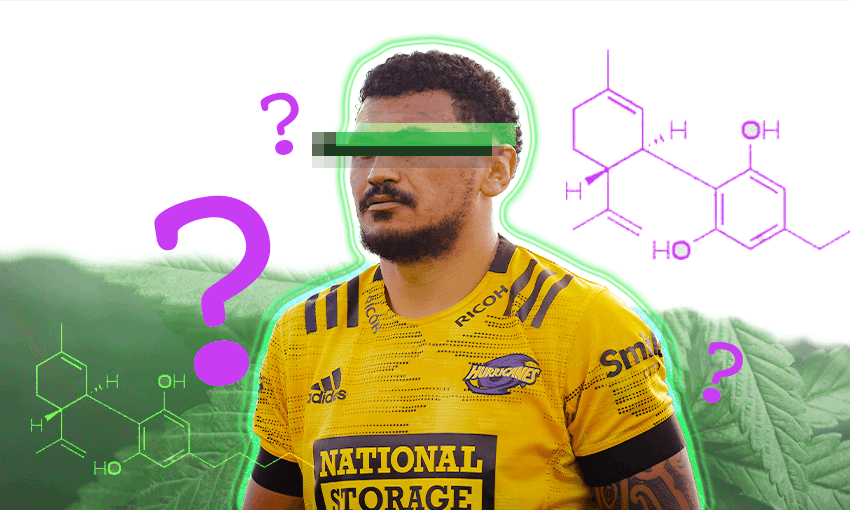 a man in a yellow warriors jersey with questionmarks and the molecular THC structure around him