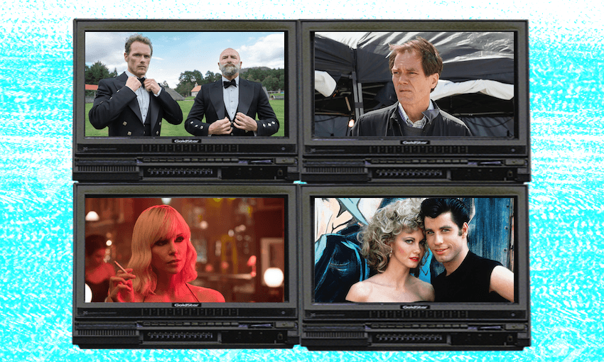 Clockwise: Men in Kilts, Waco: The Aftermath, Grease (1975), Atomic Blonde. 
