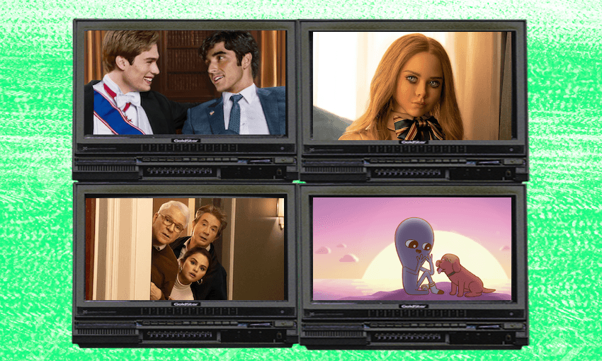 Clockwise: Red, White and Royal Blue, M3Gan, Strange Planet and Only Murders in the Building. 
