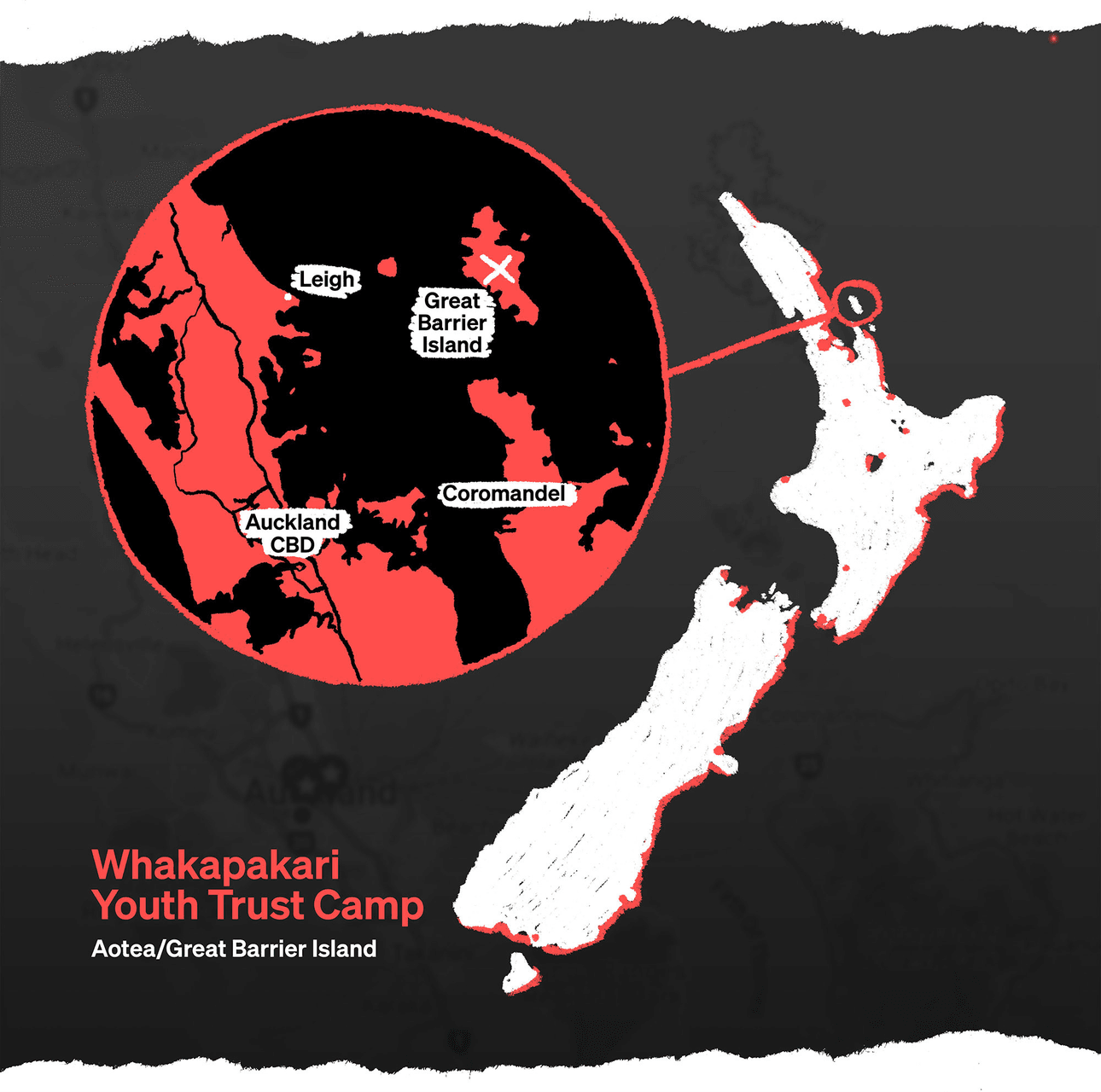 A map showing where Great Barrier Island is, off the coast of Auckland.