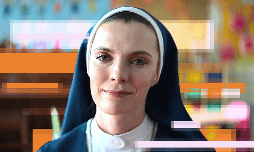 Betty Gilpin in Mrs. Davis (Photo: Supplied / Design: Tina Tiller) 
