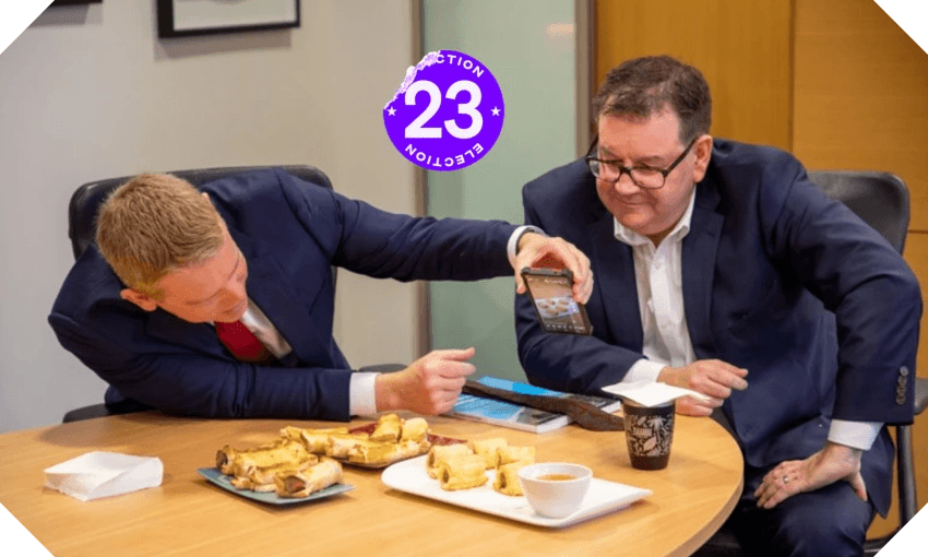 Chris Hipkins and Grant Robertson deploy the sausage roll abacus. Image: Supplied 
