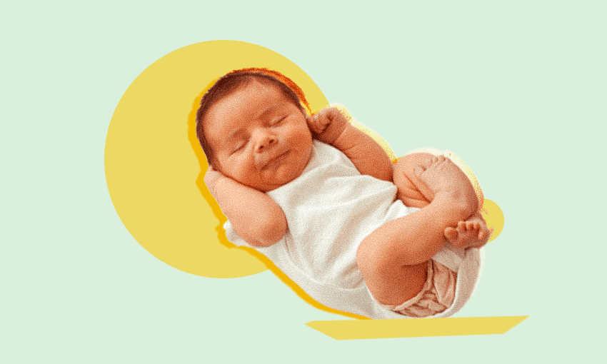 a sleepy newborn baby in a white singlet and nappy with their arms up by their head against a green and yellow background