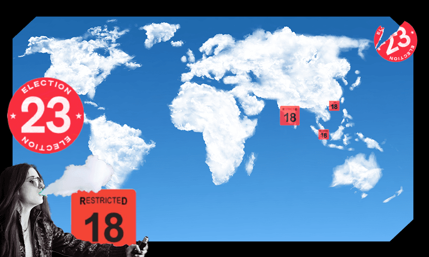 a world map made of clouds with a vaper in the corner and restricted 18 labels slapped on some of the countries