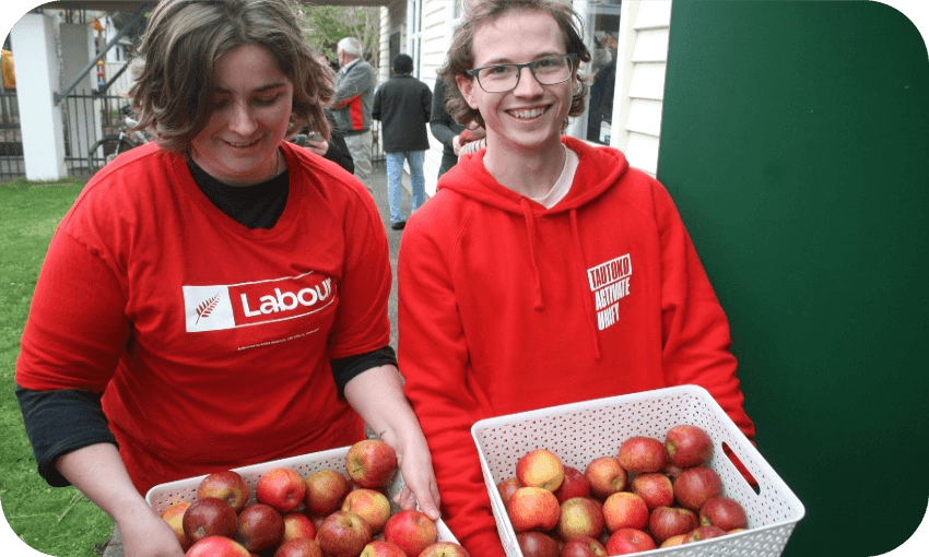 Labour volunteers and them apples. Photo: Toby Manhire 
