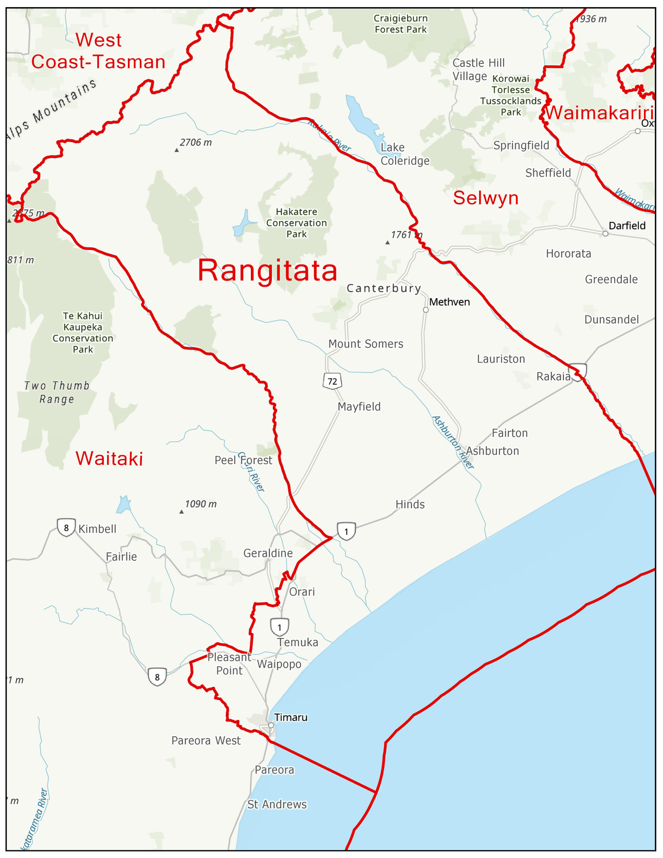 a map of the sough island showing a boot shaped electorate around timaru and ashburton and stretching the the spiky southern alps